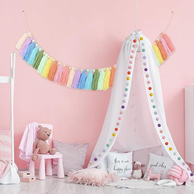 2pcs Longer Boho Tassel Garland, Pom Pom Tassel, Felt Ball Garland, Colorful - Image 2