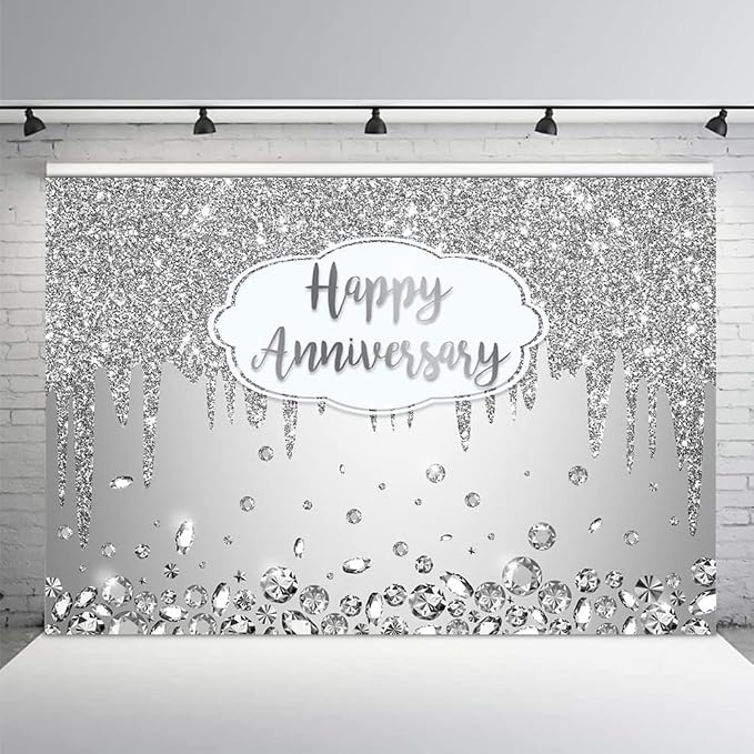 AIBIIN 10x7ft Happy Anniversary Backdrop Silver Dripping Glitter Crystals by AIBIIN