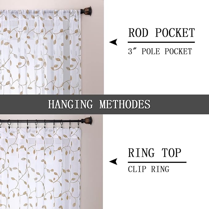 Tollpiz Leaves Short Sheer Tier Curtains Taupe Leaf Embroidery Kitchen Half - Image 5