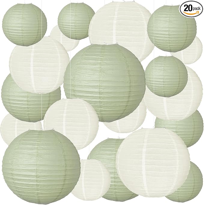 20Pcs Paper Lanterns, Sage Green and Ivory Hanging Lantern by Partiazy