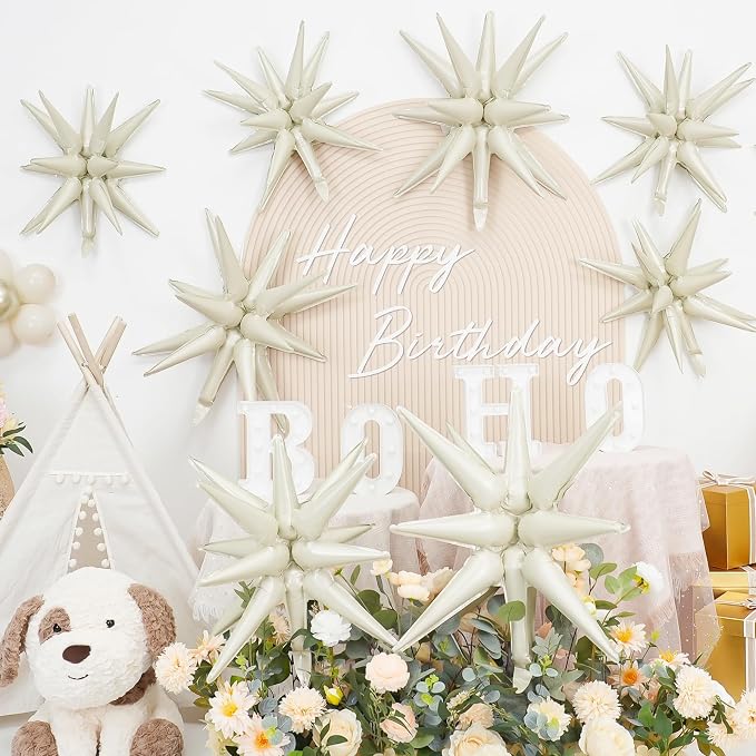 9Pcs Cream White Star Balloons, Large Explosion Star Foil Balloons, Cone Mylar - Image 4