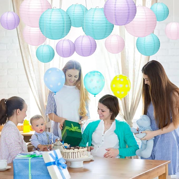 21Pcs Pastel Paper Lanterns, 4-10in Round Hanging Decor, Girl Birthday | - Image 4