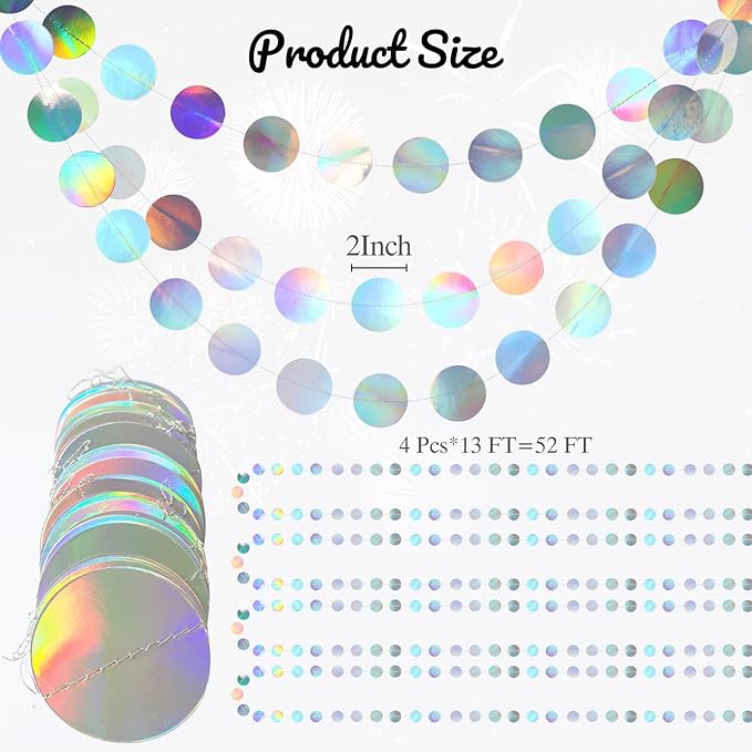 4 Pack Iridescent Party Decorations Holographic Circle Garlands | - Image 2
