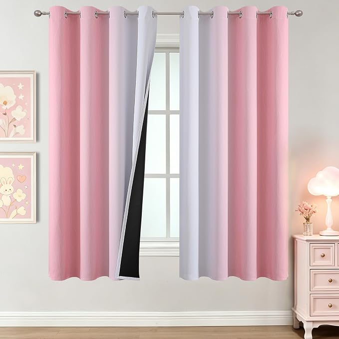 Pink and Greyish White Ombre Blackout Curtains 63 Inch Long by ESTELARTEXTILER