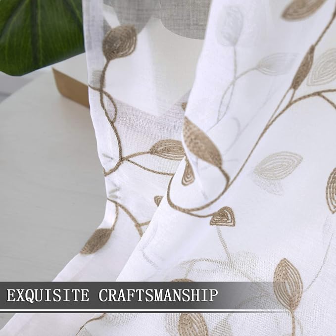 Tollpiz Leaves Short Sheer Curtains Taupe Leaf Embroidery Living Room Curtain - Image 6