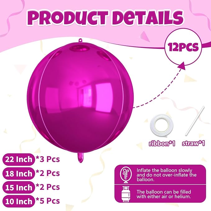 12Pcs Hot Pink Round Balloons Foil, Large Hot Pink Metallic Balloons - Image 2