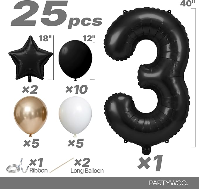 PartyWoo Number Balloons 40 Inch Black Number 3 Kit 25pcs - Image 2