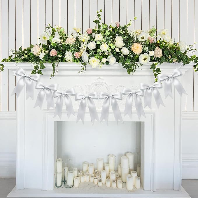 1 String of 8PCS White Bow Garland Banner Decoration, Pre-Strung Satin Ribbon - Image 9