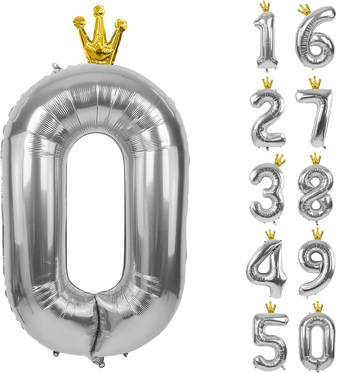 Silver Number 0 Balloon with Crown, 40 inch Silver Number Balloon 0th Birthday by Yeodong