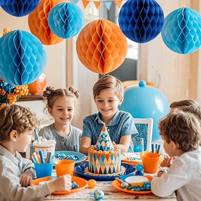 Orange and Blue Paper Honeycomb Flower Balls-12 Pcs 6" 10" Tissue Pompoms They - Image 3