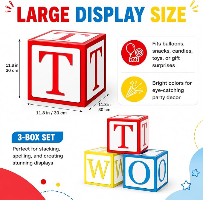 3 Pcs 2nd Birthday Balloon Box, Blocks Theme Party Decorations | 11.8 x 11.8 in - Image 2