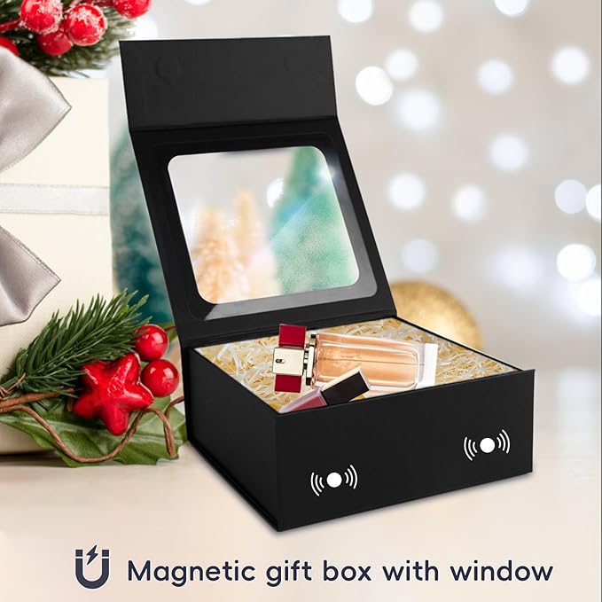 Black Gift Boxes with Window,7.5"x7.5"x3.1" Bridesmaid Boxe for Gift Giving,Birthday Gift Box with Magnetic,Closure Lid Gift Boxes for Presents,Cute Boxe,Luxury for Gift Packaging,Gift Box for Wrapping Gifts