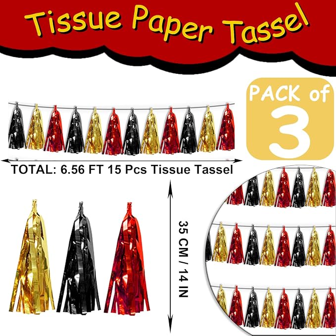 3P Red-Black Gold Tassel Banner Garland Metallic Foil Fringe Banner Tinsel - Image 2