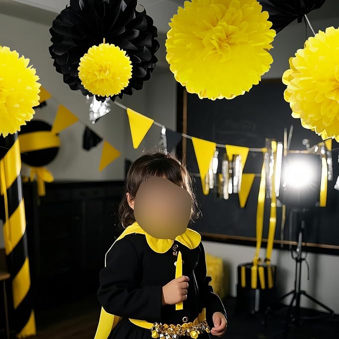 Capesaro Black and Yellow Tissue Paper Pom Poms, Bee Classroom Decor Wedding - Image 5