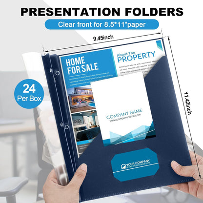 Teling 24 Pcs Clear Report Cover with 3 Prongs, Plastic Report Presentation Folders 90 Sheet Capacity Resume Document Covers for School Office(Navy Blue)