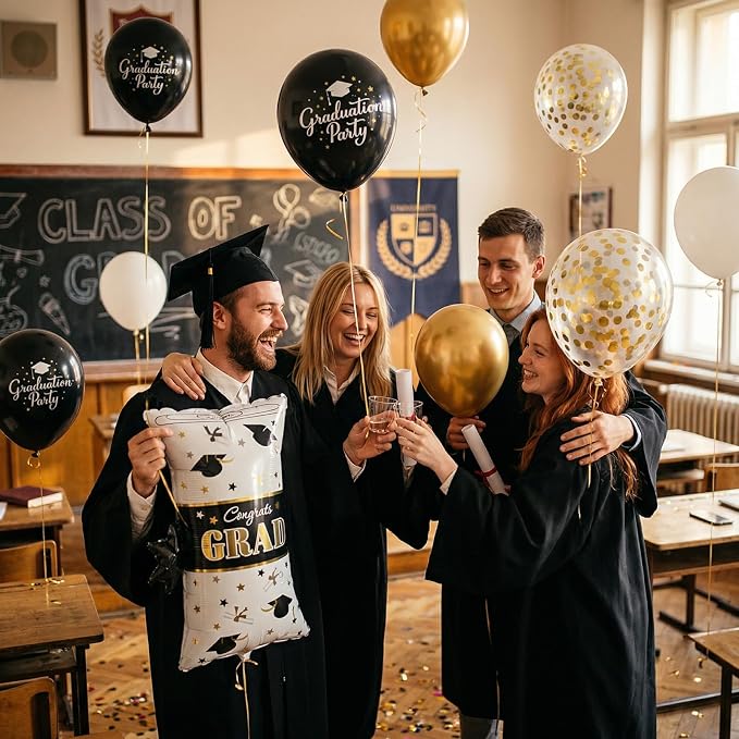 Black Gold Graduation Balloons, Certificate Foil Grad Printed Balloon - Image 8