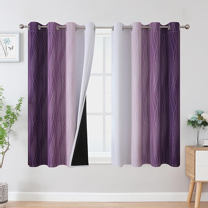 Purple and Greyish White Blackout Curtains 54 Inch Length, Light Blocking by ESTELARTEXTILER