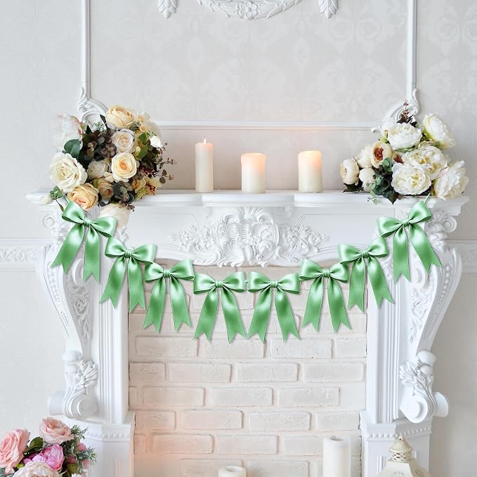 1 String of 8PCS Sage Green Bow Garland Banner Decoration, Pre-Strung Satin - Image 7