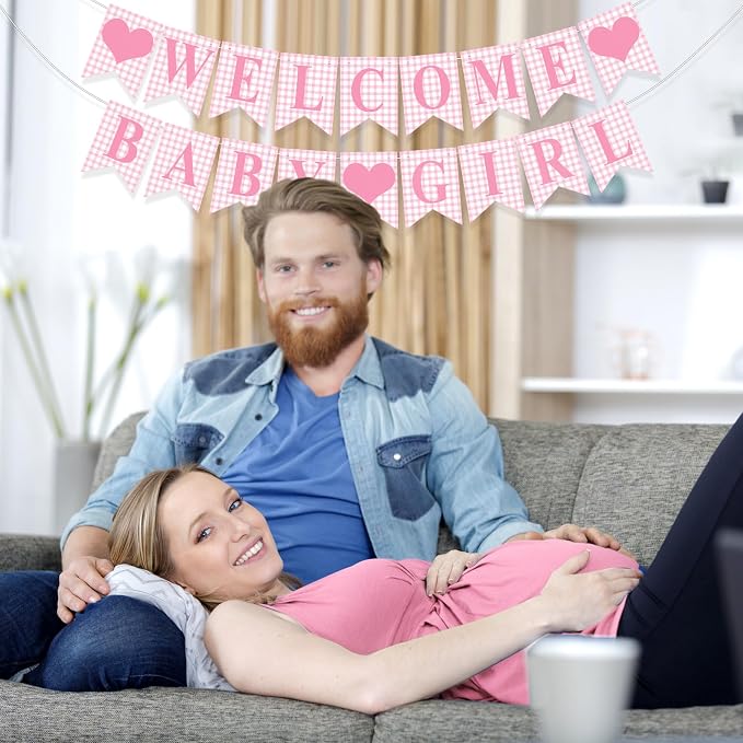 Hahafelt 1 Pcs Pink Gingham Welcome Baby Girl Banner - Image 5