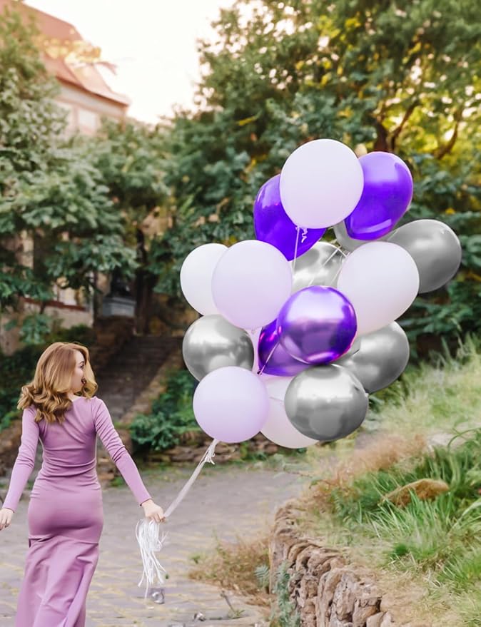 Purple and Silver Balloons, Birthday Party Decor | Pastel Purple Confetti - Image 3