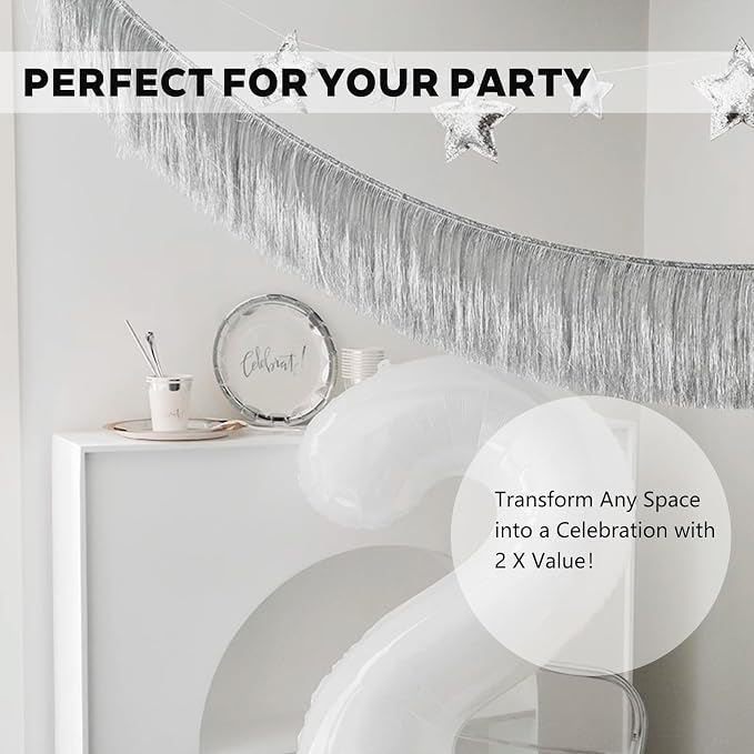 2 Pack Eanjia Silver Tinsel Fringe Party Banner 13FT | Metallic Shiny Curtain - Image 4