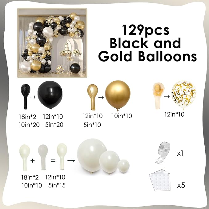 Double Stuffed Black Gold White Confetti Balloon Arch Kit 129 Pcs | Back to - Image 6