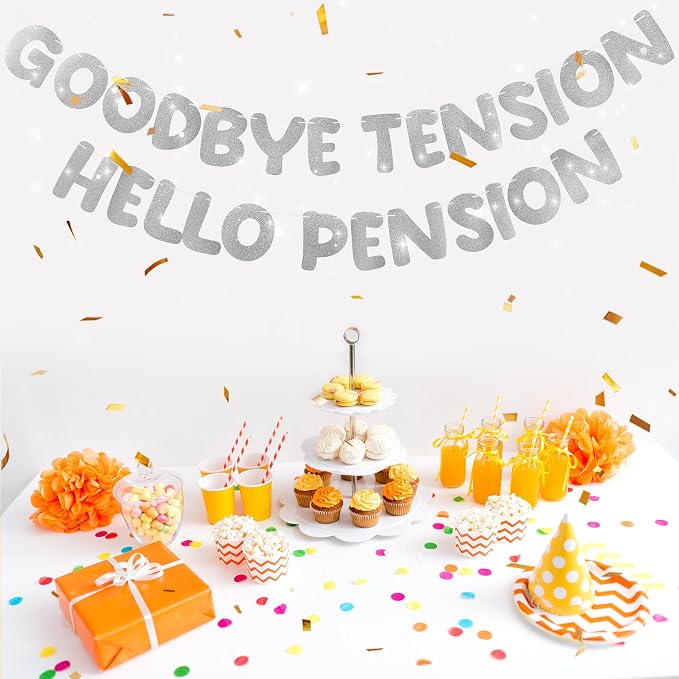 Retirement Banner Pre-Strung GOODBYE TENSION HELLO PENSION Banner Glitter - Image 4