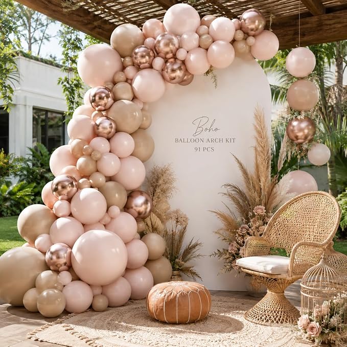 Boho Balloon Arch Double Stuffed Blush Nude Rose Gold Boho Balloon Garland Kit by Jobkoo