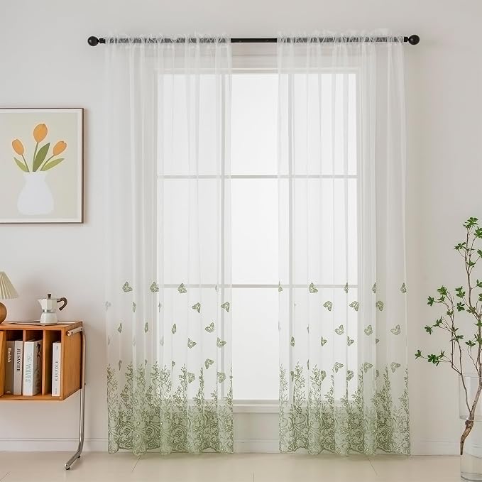 White Sheer Voile Curtains Green Embossed Butterflies 84 Inches | Light - Image 2