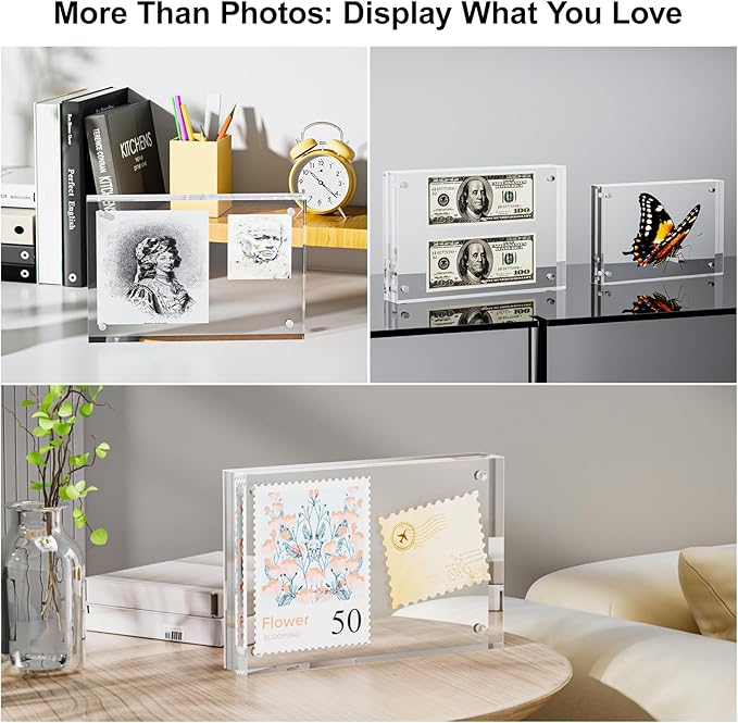 1 Pack 8x10 Acrylic Picture Frames - 20% Thicker Double Sided Magnetic Frame with UV Protection - Freestanding Clear Frameless Display for Tabletops - Modern Photo Frame Set for Home & Office Decor
