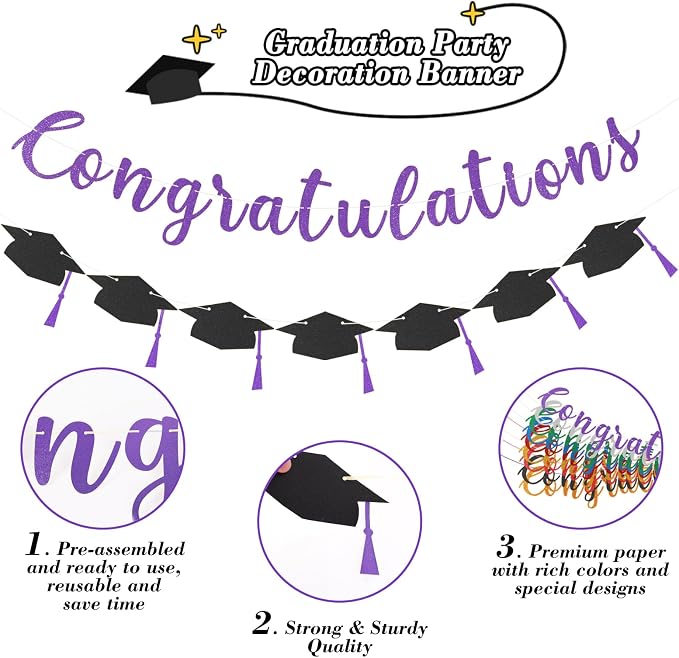 Class of 2026 Graduation Decorations Pre-Strung Glitter Congratulations Banner - Image 2