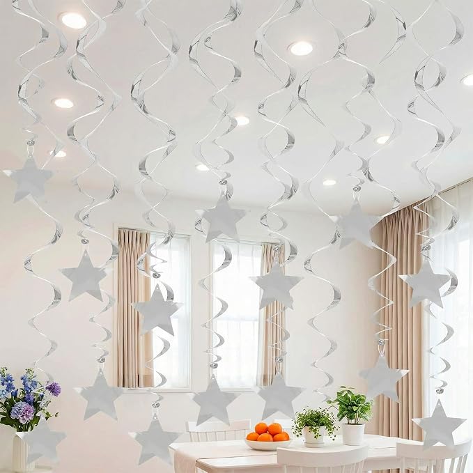 Silver Star Hanging Swirl Decorations Ceiling Swirl Foil Decoration Hanging - Image 5