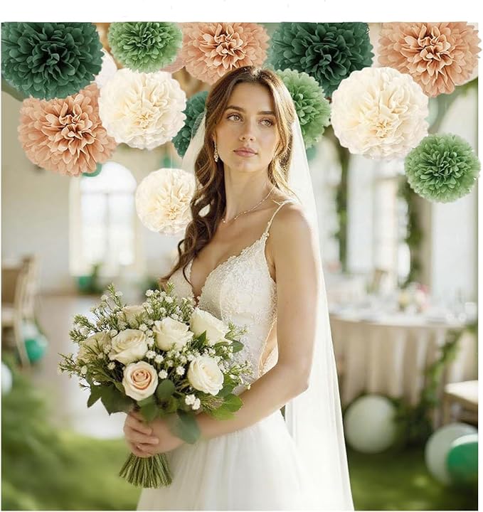 Capesaro Olive Sage Green 12PCS Paper Pom Poms Party Decorations - Image 3