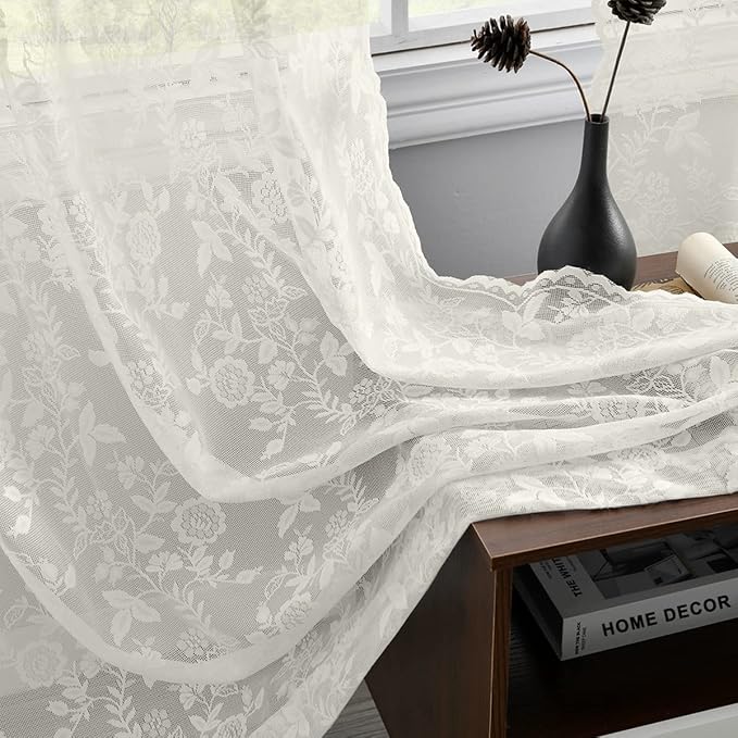 FINECITY Ivory Lace Curtains for Bedroom Rustic Floral 52 x 63 Inch 1 Panel | by FINECITY