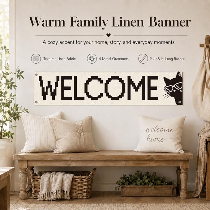 Funny Cat Welcome Banner for Porch Entryway, Pixel Art Wall Hanging Decor for - Image 3