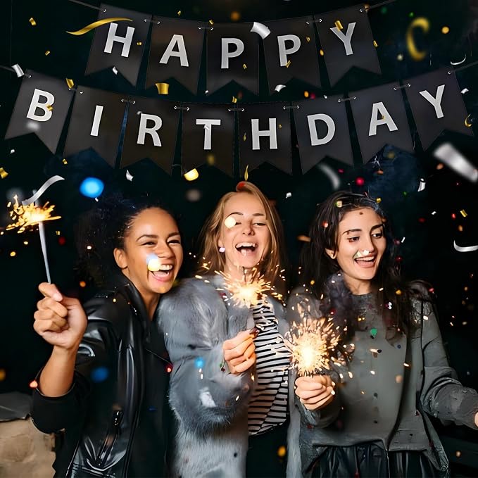 Black Happy Birthday Banner, Pre-Strung Black and Silver Birthday Party - Image 7