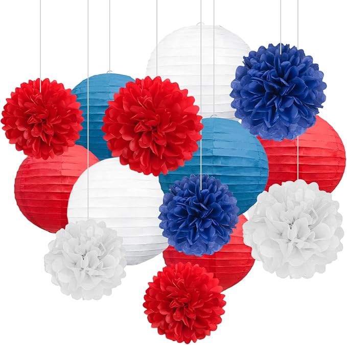 18 PCS Red White Blue Paper Lanterns & Tissue Paper Pom Poms by Zankubom