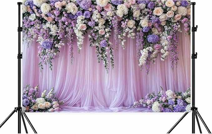 6x6ft Purple Lavender Floral Bridal Backdrop Wedding Flower Photography Backdrop for Girl Portrait Baby Shower Birthday Party Decor Banner Mother's Day Party Wall Backdrop Studio Photo Backgrounds
