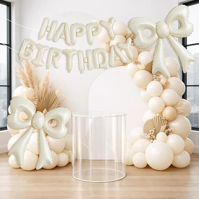 Cream Happy Birthday Balloons, 31”Huge Beige Bow Aluminum Foil Balloon Banner - Image 2