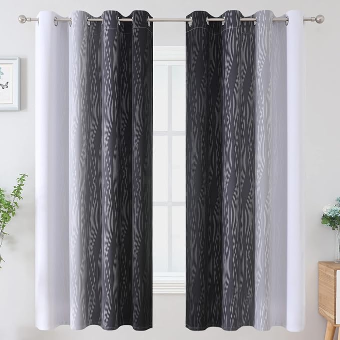 Ombre Greyish White Black Blackout Curtains & Drapes 63 Inch Length 2 Panels - Image 2