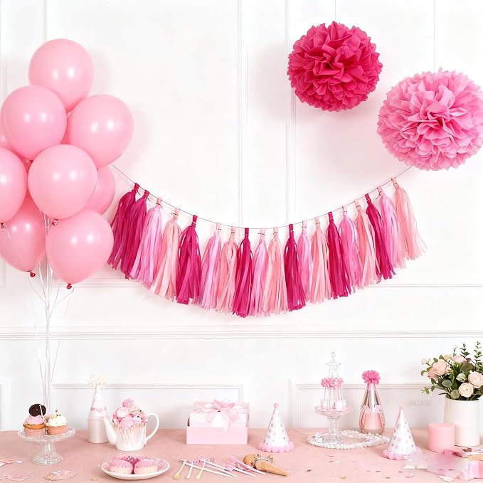 Hot Pink and Pink Tassel Garland Banner, 30 Pack Paper Tassels Streamers - Image 2