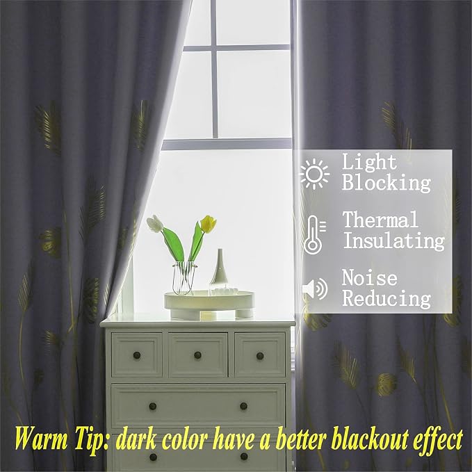 Lilac Blackout Curtains for Bedroom, Room Darkening Gold Palm Tree Pattern - Image 6