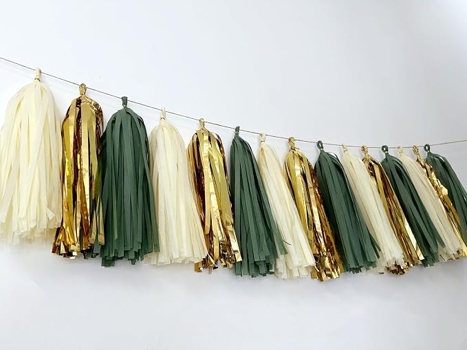 20Pcs Sage Green Gold Mylar Tassels Garland Tissue Paper Tassels Banner DIY Kit - Image 4