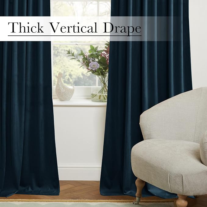Navy Blue Velvet Curtains 84 inches Long Extra Wide Soft Room Darkening Noise - Image 8