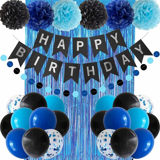 ANSOMO Blue and Black Happy Birthday Party Decorations by ANSOMO