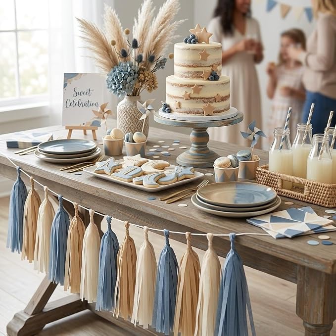 15PCS Dusty Blue Party Tissue Paper Tassel Garland Decor - Image 5