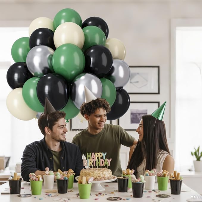 Green and Black Balloons, Graduation Balloon Metallic Silver Green Sand White - Image 7