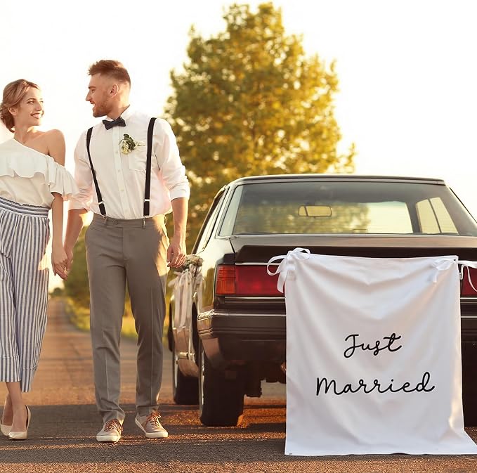 Oudain 29x39 Inch Just Married Burlap Banner, Wedding Fabric Backdrop - Image 4