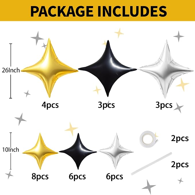 TONIFUL 30Pcs Four Pointed Star Balloon Black Gold Silver Foil Balloon | - Image 2
