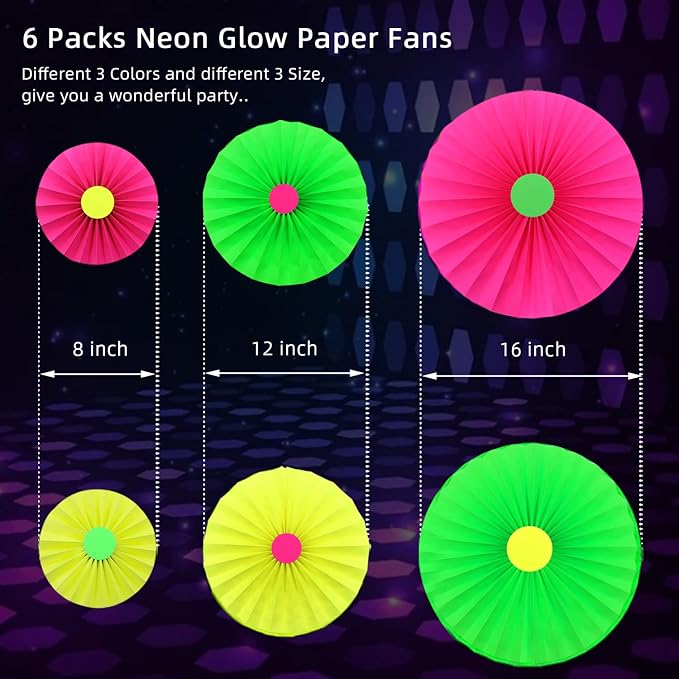 6Pcs UV Neon Party Hanging Paper Fans Flower Glow in The Dark Glow Party - Image 6